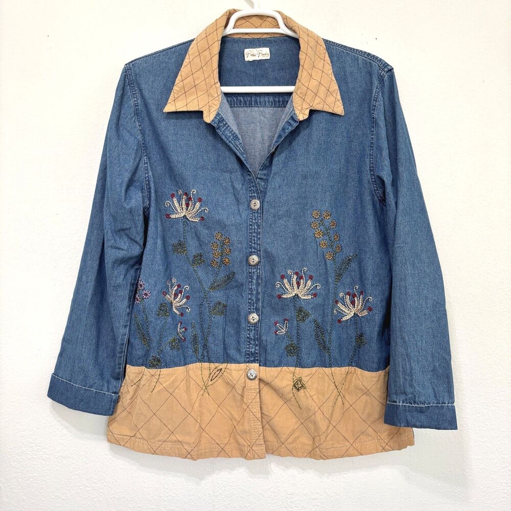 Womens Vintage Cottagecore Denim Jacket Size 18W Floral Embroidered Garden